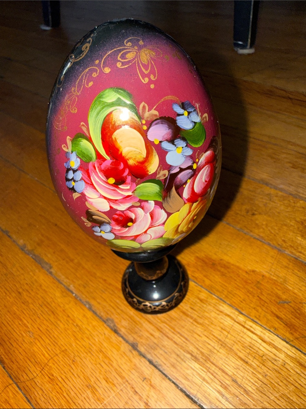 Hand-Painted Floral Decorative Egg wooden Ukraine vintage 7”